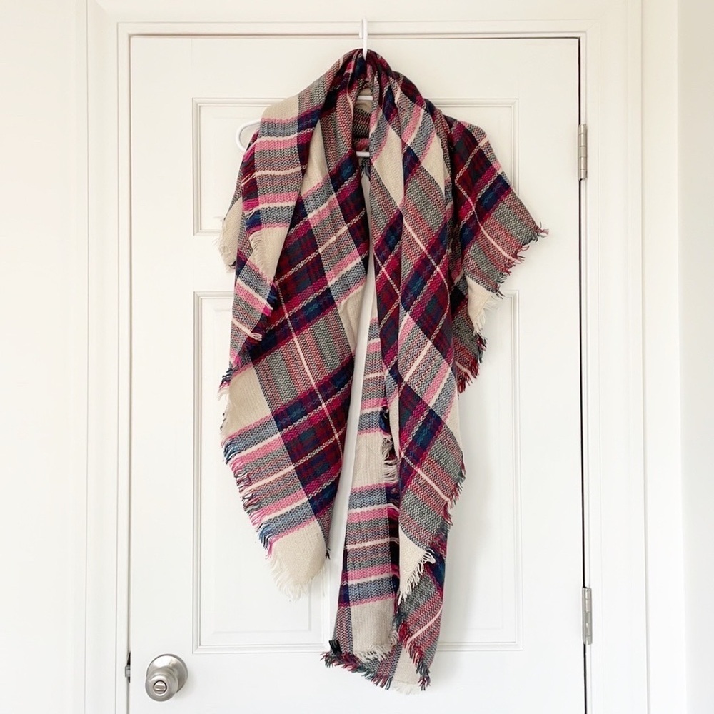 BLANKET SCARF plaid pink cream green large fringe soft